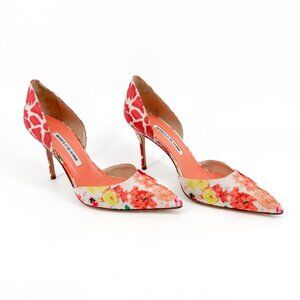 Manolo Blahnik Tayler Orange Floral Fabric D’Orsay Pumps Heels Size 40 US 10